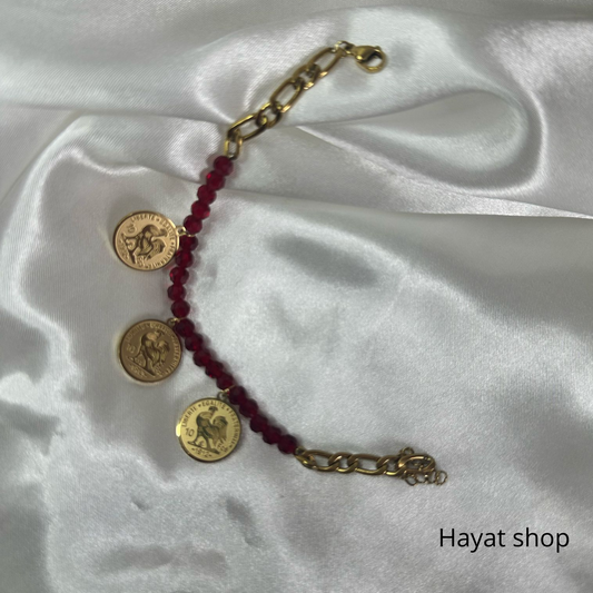 Bracciale con mini moneta con gallo franco in acciaio inossidabile colore rosso