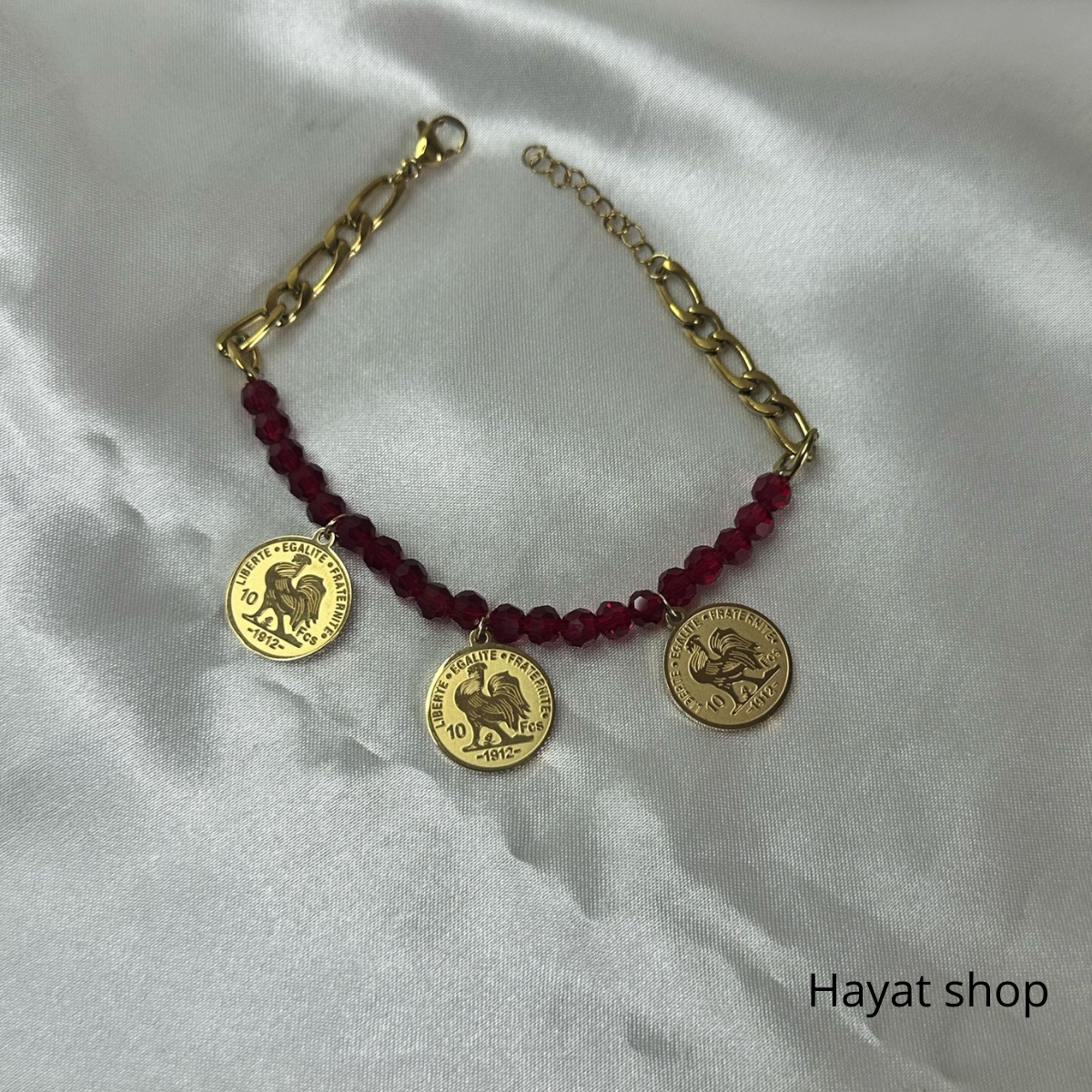 Bracciale con mini moneta con gallo franco in acciaio inossidabile colore rosso