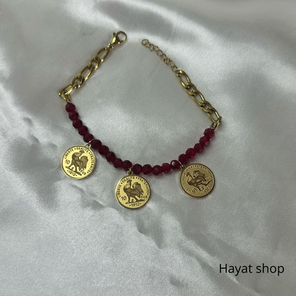 Bracciale con mini moneta con gallo franco in acciaio inossidabile colore rosso