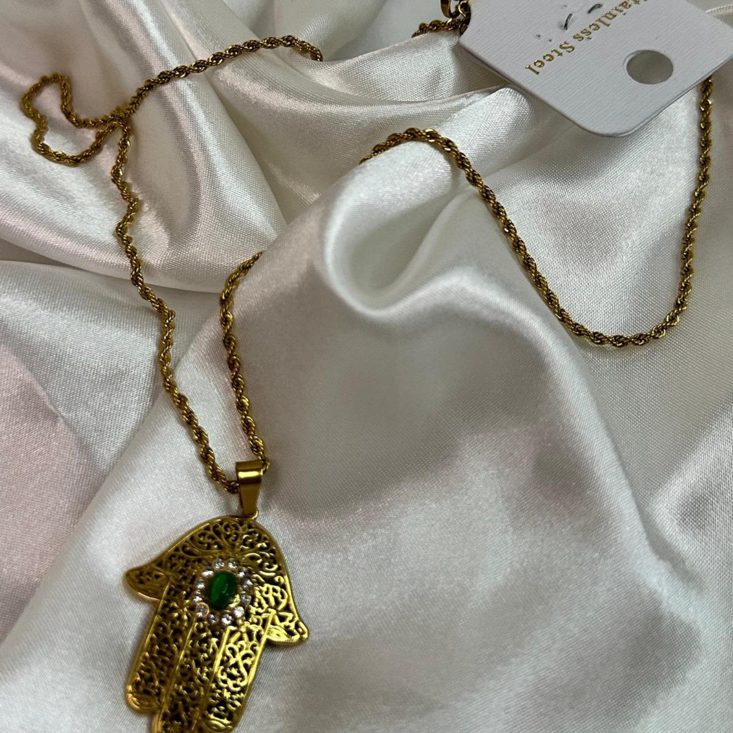 Collana lunga con mano di fatima in acciaio inox