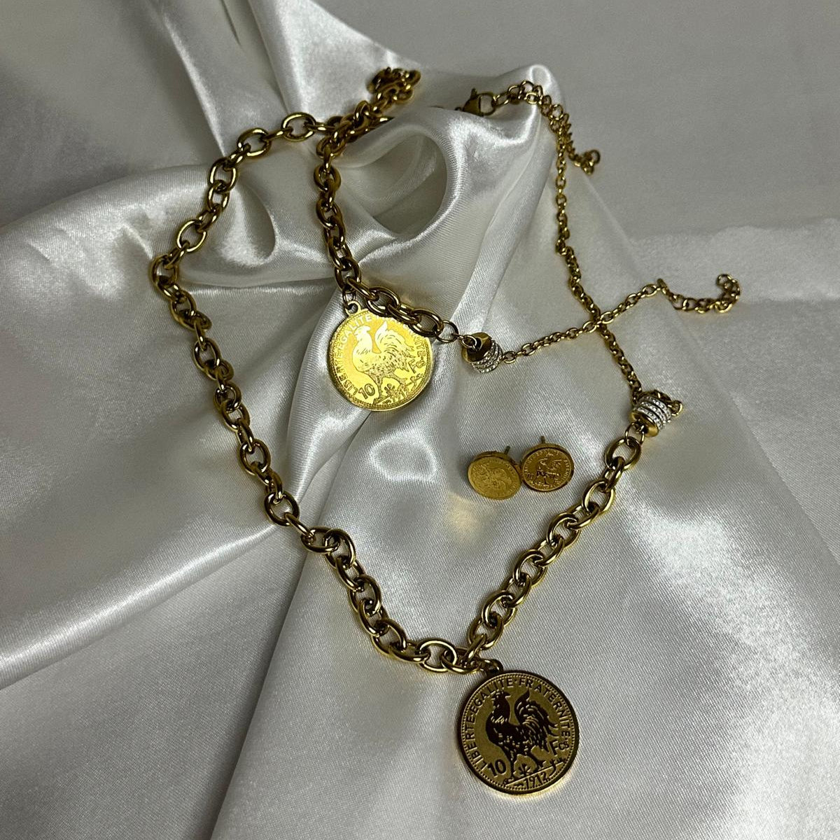 Set gioielli con gallo (farrouj) in acciaio inossidabile